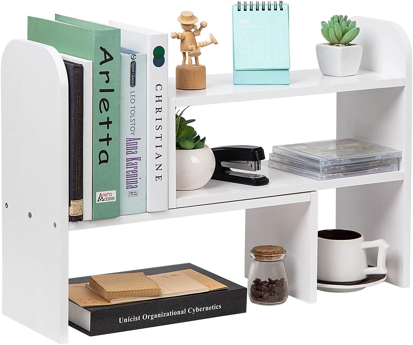 VERGOODR Desktop Adjustable Natural Wood Book Shelf Organizer Office Storage Rack Display Stand Caddy Set Expandable Desk Organizer (White)