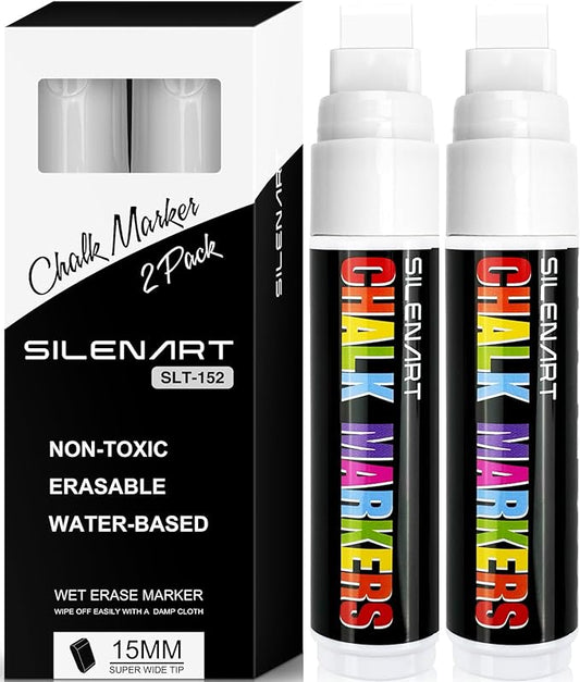 SILENART White Chalk Markers - 15mm Jumbo Tip Car Marker - Wide Thick Window Chalk Pen for Chalkboard, Window, Glass, Mirror, Blackboard