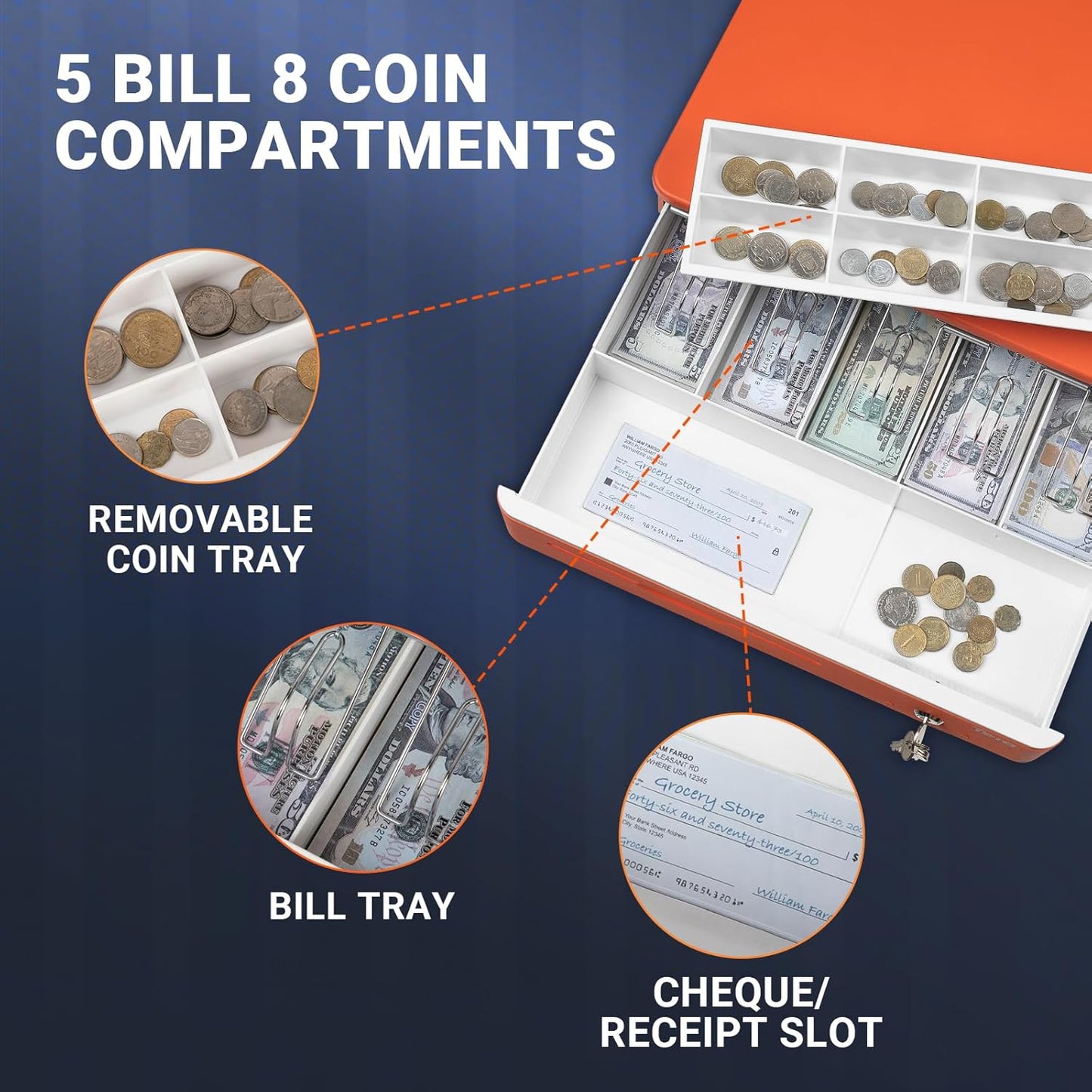 Tera 16 inch Cash Drawer: with Micro Switch Auto Open Heavy Duty Insert Tray 5 Bill 8 Coin for POS System Removable Cash Tray Media Slot 24V RJ12 Key-Lock (Round Corner) for Retail 405R Orange