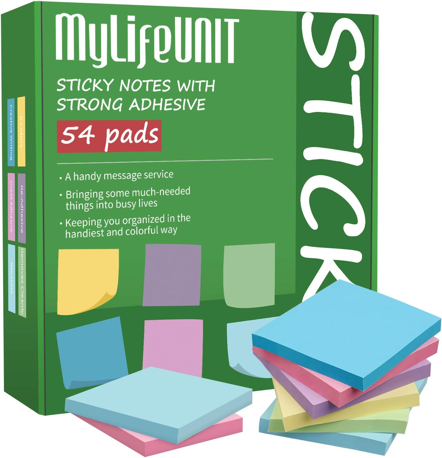 MyLifeUNIT Sticky Notes 3x3, Bulk Pack 54 Note Pads 5400 Sheets for Daily Reminder, Self-Stick Notes with 6 Assorted Colors