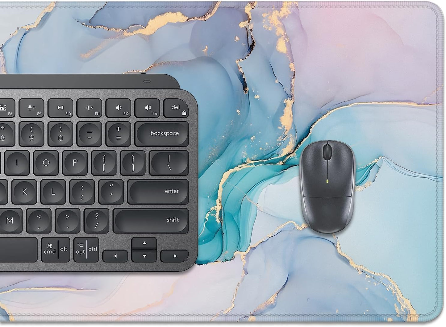 Cyan Blue Marble Desk Pad Mouse Pad,Large XL Mouse Mat with Stitched Edges,Non-Slip Rubber Base Mousepad for Office PC Keyboard Laptop and Home Work Desk Mat(27.5X11.8 in)