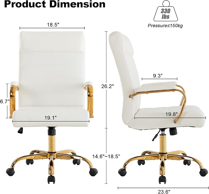 Office Desk Chair,Modern Leather Conference Room Chairs,High Back Home ofiice Chair,Adjustable Height Swivel Executive Computer Chair with Padded Seat and Armrest (White with Gold Frame)