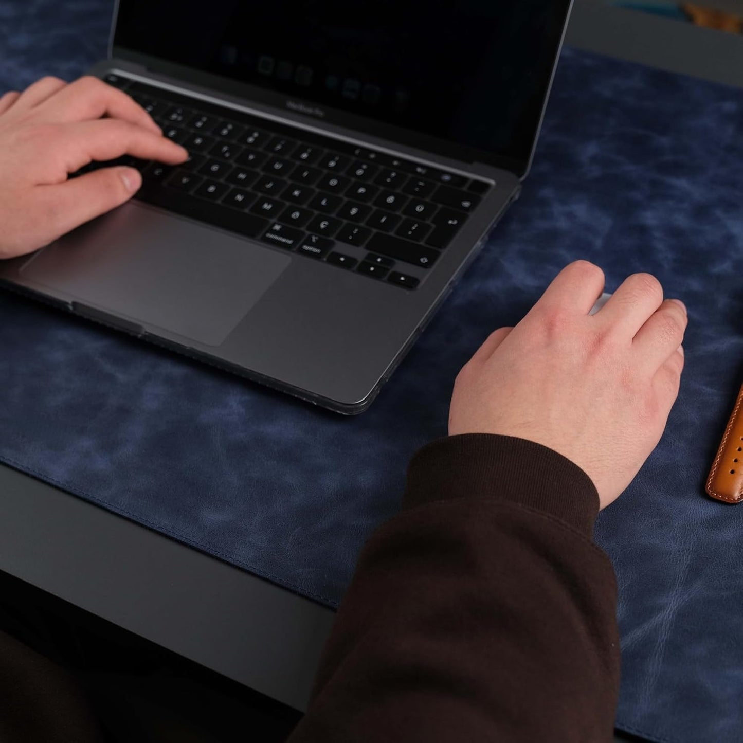 Jersey Genuine Calfskin Leather Desk Pad, Office Desk Mat with Non-Slip Bottom, Smooth Surface for Mouse & Keyboard, Desk Protector (14.6x31.5 inches) (Navy)