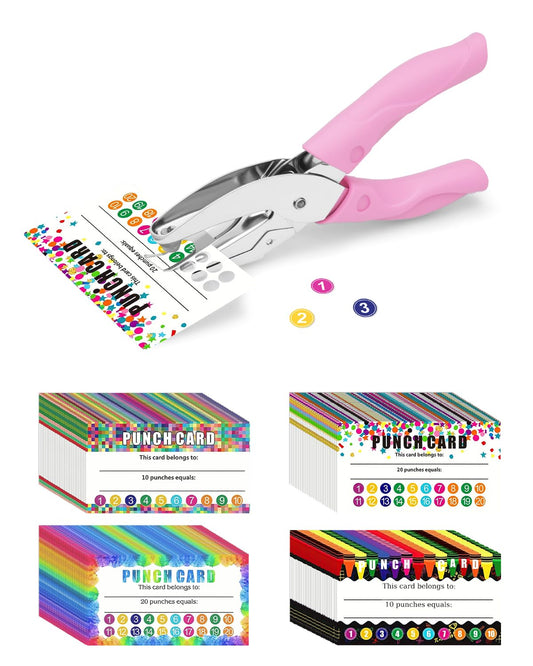 UCEC 200 Pieces Punch Cards for Classroom with Circle Hole Puncher, Incentive Loyalty Reward Card with Handheld Single Punch Kit to Behavior for Business Home Classroom School Kids Students Teachers