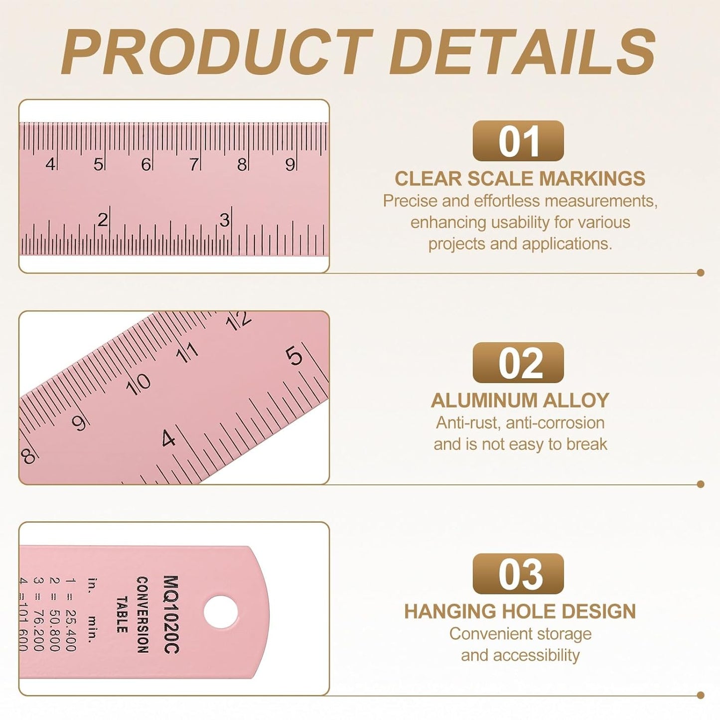 HARFINGTON 2pcs Metal Straight Ruler 20cm Metric SAE Aluminum Alloy Measuring Rulers Scale Tool with Hole for Measure Study Reading Classroom Office, Pink