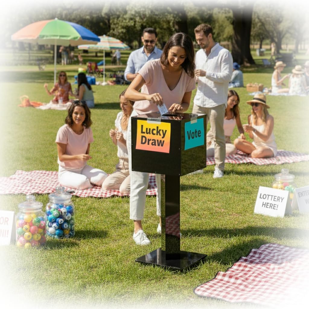 MOOFI Acrylic Suggestion Box with Lock and Key for Office, Home, Event Donation with Stand for Charity Church Collection Offering/Raffle Ballot Box with Sign Holder Display Stand (RaffleBox)