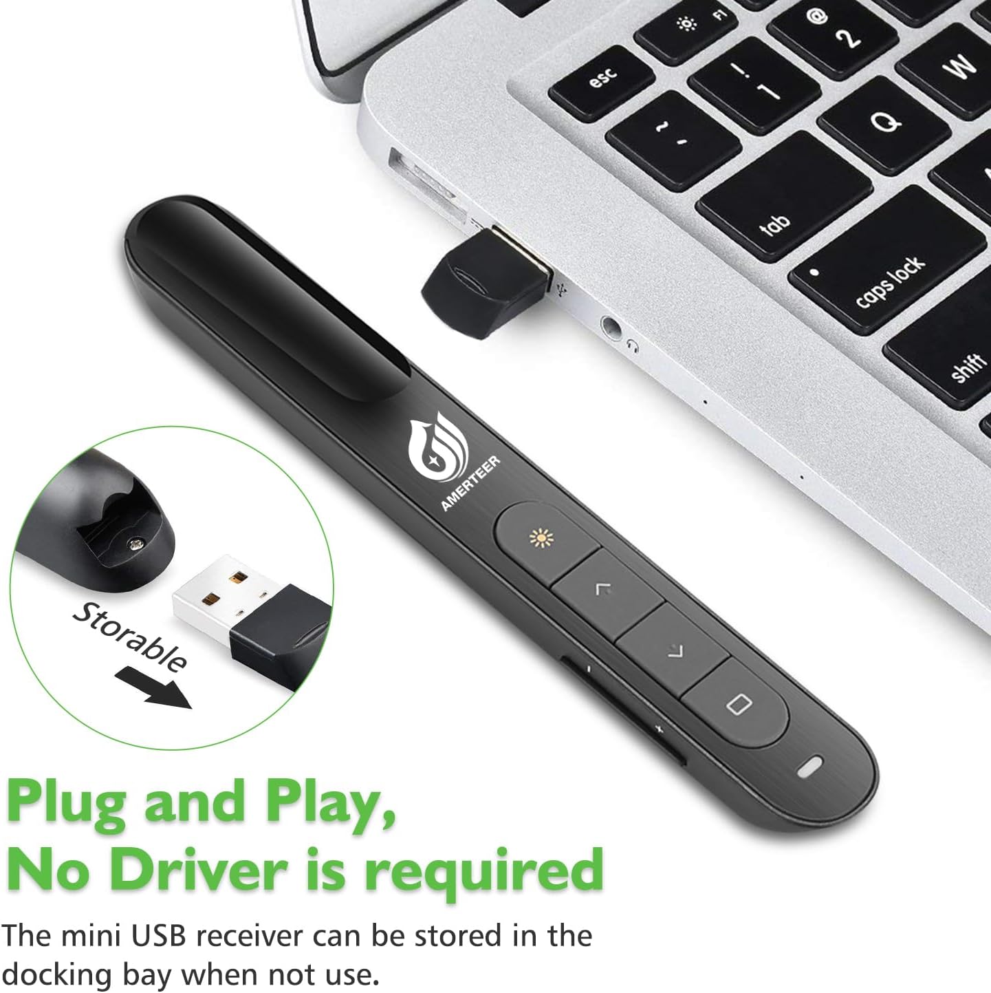 AMERTEER Wireless Presentation clicker for Powerpoint Presentations, Green Light Rechargeable Powerpoint Clicker with Laser Pointer Support Hyperlink RF 2.4GHz (1 PCS)