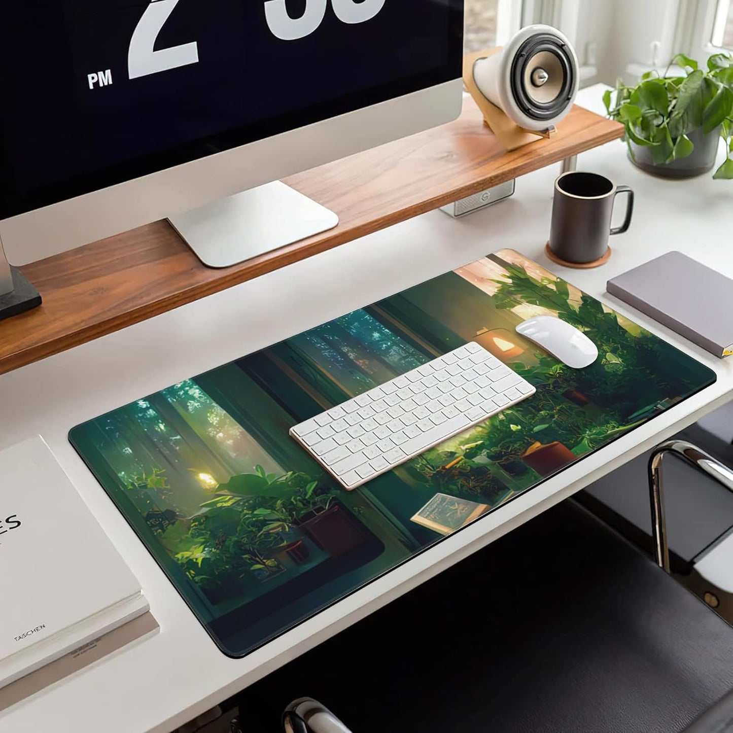 Desk Mat, Cute Lofi Green Extended Large Gaming Mouse Pad XXL, Non-Slip Rubber Base Stitched Edges Waterproof Long Computer Keyboard Desk Pad Mouse Mat for Home Office Gaming 35.4"X15.7"