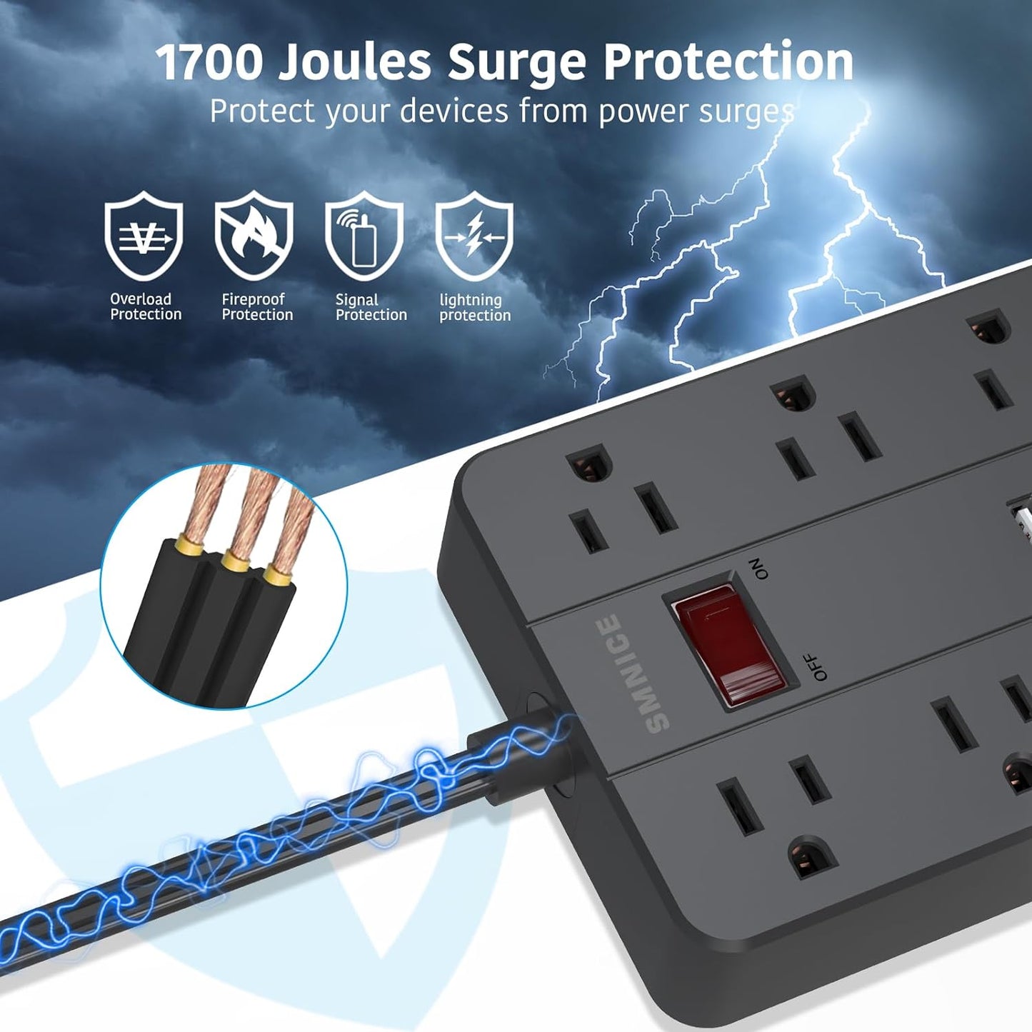 10 Ft Extension Cord Surge Protector, SMNICE 8 Widely Spaced Outlets and 6 USB (1 USB C) Charging Ports Flat Plug Power Strip, Desktop Power Cord for Travel Home Office Accessories Black
