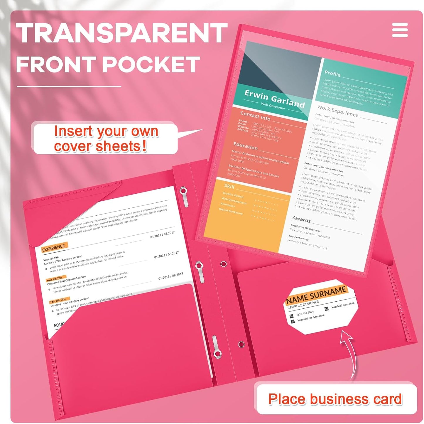 Henoyso 72 Pcs Plastic Folder with Clear Front Pocket and 3 Prong Plastic Folders with Card Slot Pocket Folders with Prongs for School Office (Rose Pink)