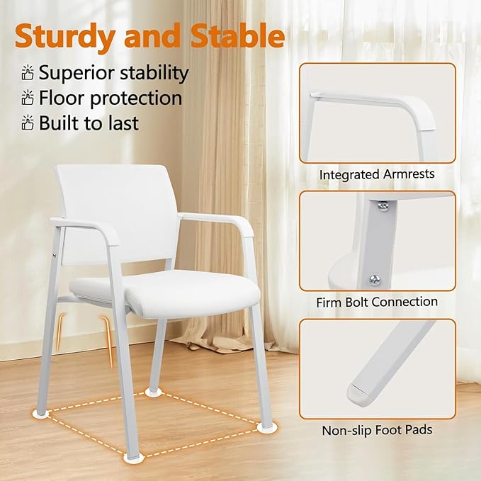 CLATINA Stacking Office Chairs | Mesh Back, Thicken Leather Seat and Arms, Ergonomic Lumber Support | Guest Reception, Waiting, Conference, School, Party, Customer, Side, Stationary | Set of 8, White