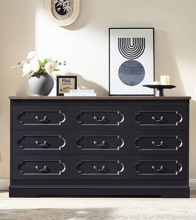 LIDYUK 9 Drawer Dresser for Bedroom Farmhouse Black Tall Wood Chest of Drawers for Bedroom Dresser, Modern Rustic 59" Wide Drawers Dressers Wooden Closet and Storage Cabinet, Hallway, Living Room