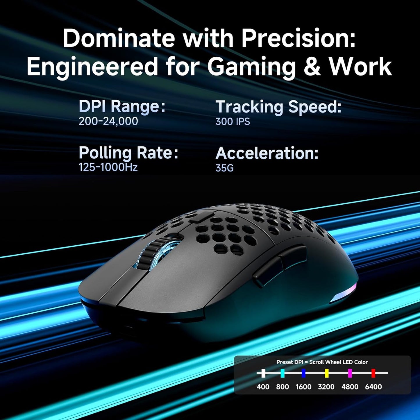 DIERYA M1 Wireless Gaming Mouse, 24000DPI, 180Hrs Battery, 16.8M RGB, 6 Programmable Buttons, Lightweight, Tri-Mode (2.4G/BT5.2/USB-C) for PC/Mac/Laptop - Black
