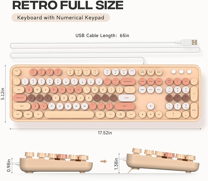 Computer Wired Keyboard, Plug Play USB Full-Size Keyboard with Large Number Pad, Caps Indicators, Foldable Stands, for Windows 7/8/10 PC Laptop (Milk Tea Colorful)