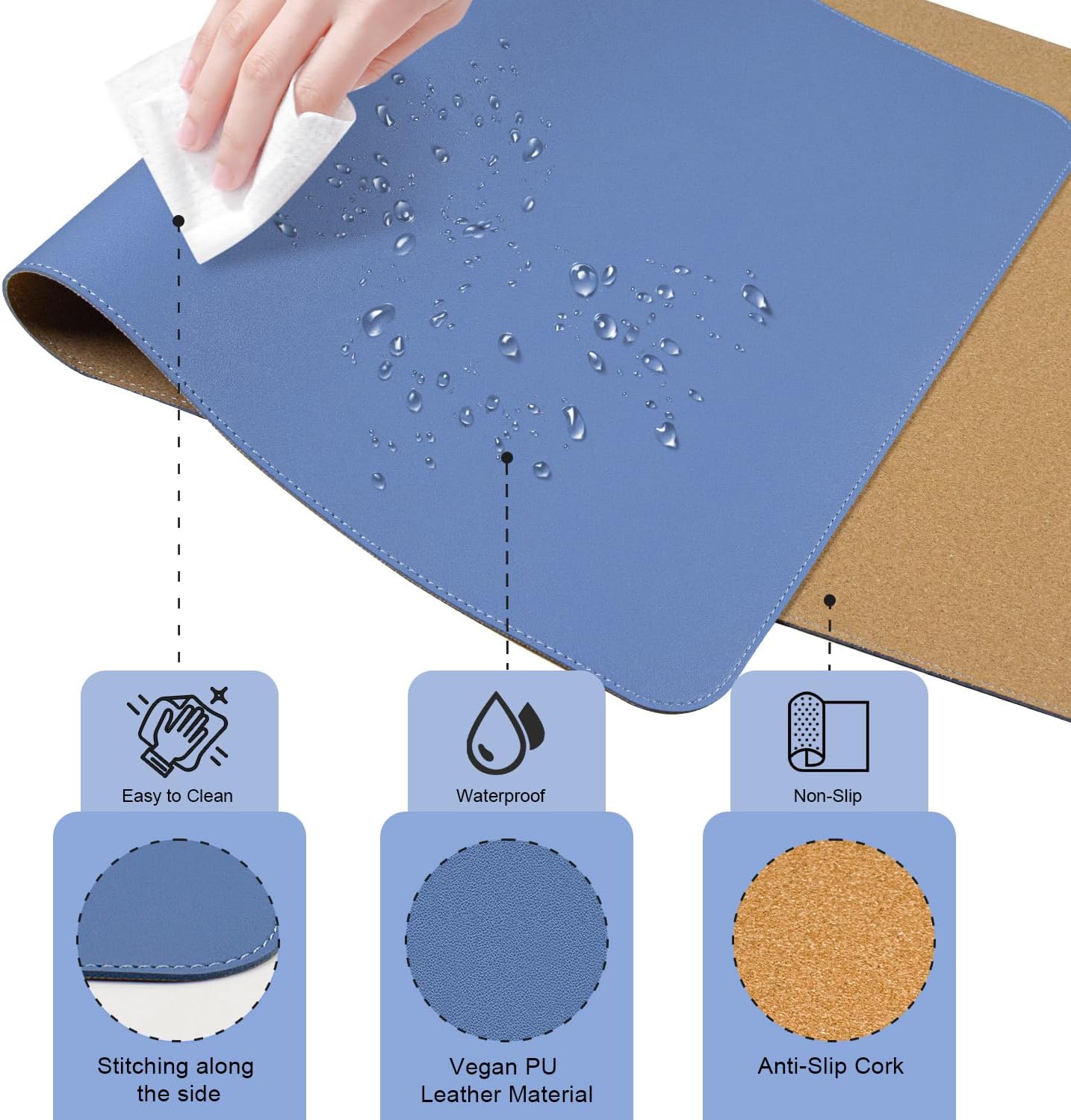 BLESWIN Large Desk Pad, 47.2'' x 23.6'', Office Desk Mat, Computer Mat for Desk, Leather Desk Pad Protector, Sewing Desk Blotter, Desktop Writing Pad for Office/Home/Decor Lake Blue