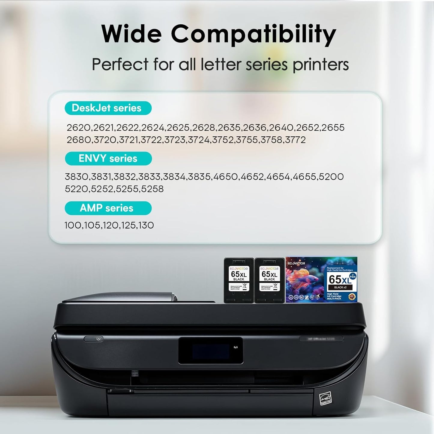 EcoVictor Remanufactured 65XL Ink Cartridges Replacement for HP 65 XL Black Ink Cartridge HP65 HP65XL Compatible Envy 5000 5055 5052 5010 5070 DeskJet 3755 3700 3772 3720 3752 2600 2622 2652 (2 Black)