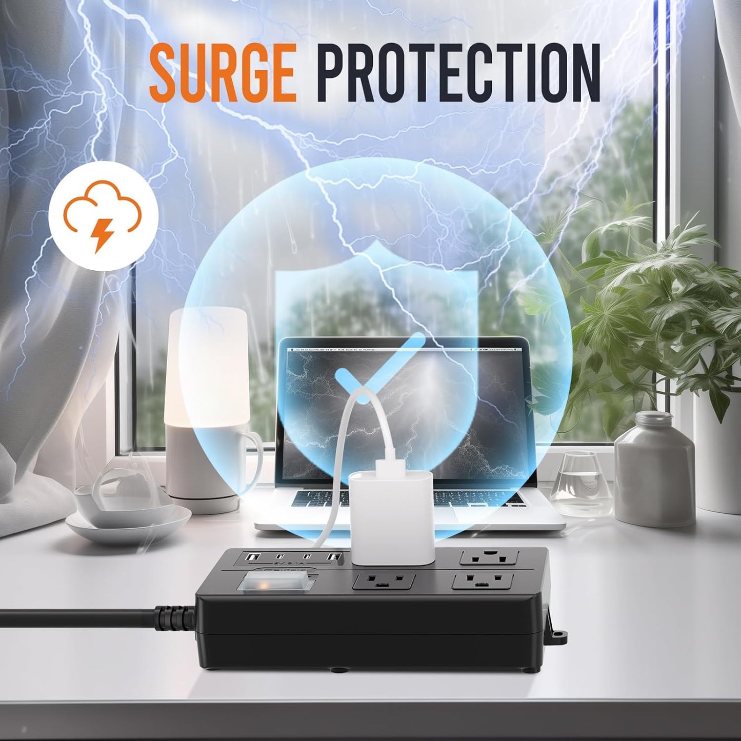 Outdoor Power Strip Weatherproof,Waterproof Surge Protector with 4 Wide Outlets,4 USB Charger,15 FT Extension Cord,1875W/15Amps,Multi Outlet Extender for Patio Porch Garden Yard Christmas Lights