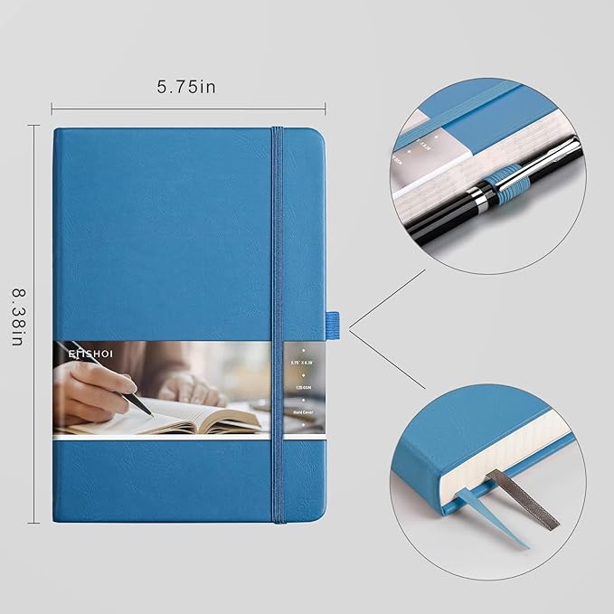 EMSHOI A5 Graph Paper Notebook Journal - 256-Page Hardcover, 120gsm Thick Ink-Proof Paper, PU Leather Cover with Inner Pocket, Portable 5.75"x8.38" Size for Work, Math, Engineering – Light Blue