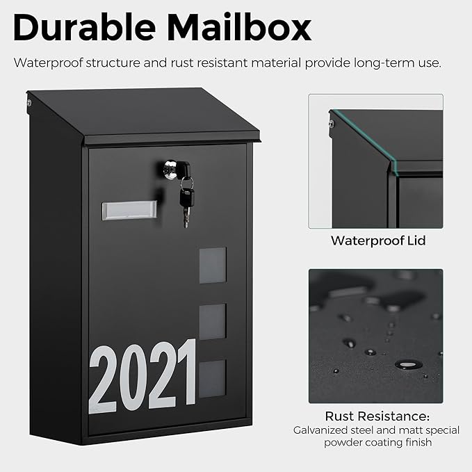 LAND·VOI Wall Mounted Mailbox with 4 Keys, Post Box for Wall and Fence, Viewing Windows, Nameplate, 3.94 x 9.8 x 15.6 Inches, Large Capacity, Includes Mailbox Numbers, Matt Black, AMB31B