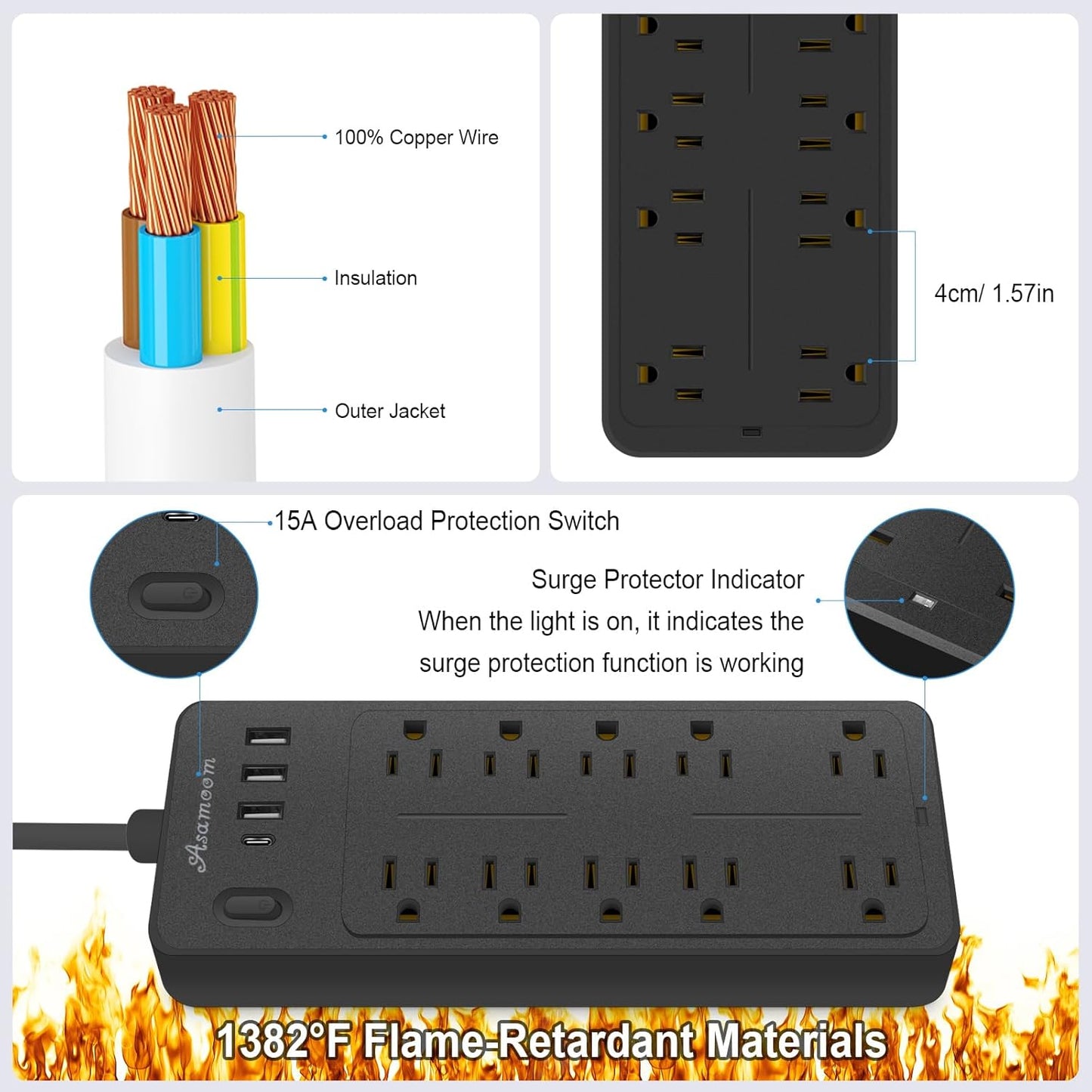 20 FT Power Strips with Surge Protection 1625W/13A, 10 Outlets with 4 USB Ports (1 USB C) Long Extension Cord with Multiple Outlets 14-in-1 1700J 16Awg Flat Plug Power Strip Protector Black ETL Listed