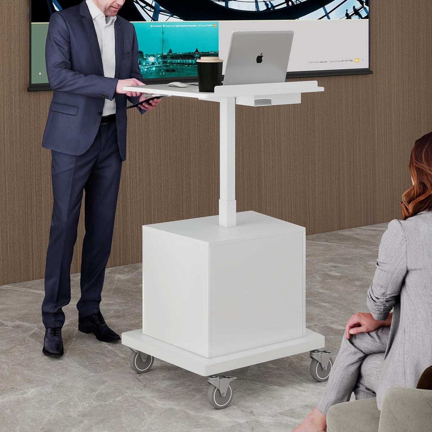 Natwind Mobile Workstation, Rolling Laptop Cart with Large Surface & Pneumatic Height Adjustable Design, for Medical Hospital Clinics, Office Presentation, Teachers Podium, with Drawer & Open Cabinet