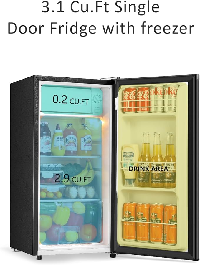 Seaoola Mini Fridge with Freezer, Single Door 3.1 Cu.Ft, Compact Mini Refrigerator, LED Light, Adjustable Thermostat, Removable Glass Shelves, Small Refrigerator for Dorm/Office/Bedroom(Black)