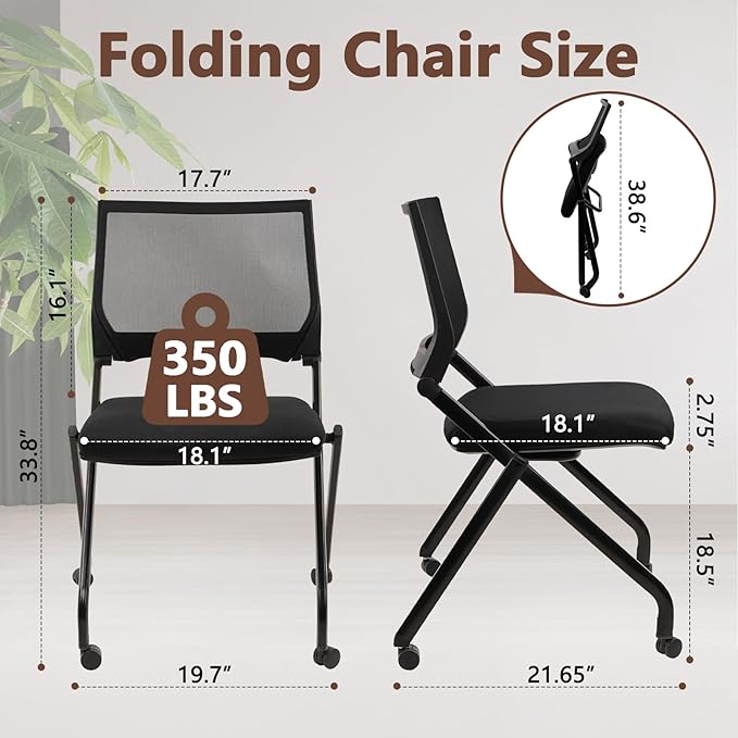 CLATINA Stackable & Foldable Conference Room Chairs, Waiting Room Chairs with Wheels & Lumbar Support, Ergonomic Mesh Bouncing Back Folding Chair for Office Meeting Schools Training Room, Black(4pk)