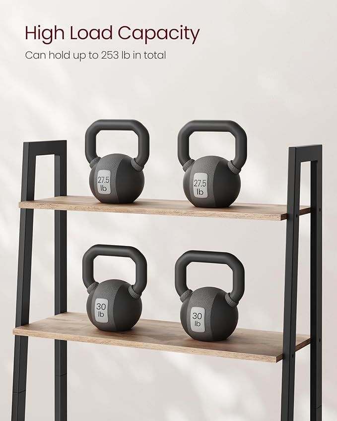 VASAGLE Ladder Shelf, 4-Tier Bookshelf, Storage Rack, Bookcase with Steel Frame, for Living Room, Home Office, Kitchen, Bedroom, Industrial Style, Camel Brown and Ink Black ULLS144B50