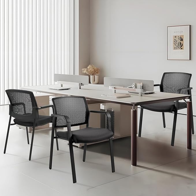 CLATINA Mesh Back Stacking Arm Chairs with Upholstered Fabric Seat and Ergonomic Lumbar Support for Office School Church Guest Reception Black 8 Pack Set New Version