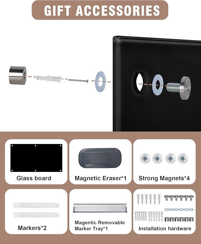 Magnetic Glass Whiteboard，72"x48" Wall Mounted Frameless Dry Erase Board for Office, Home & School Black