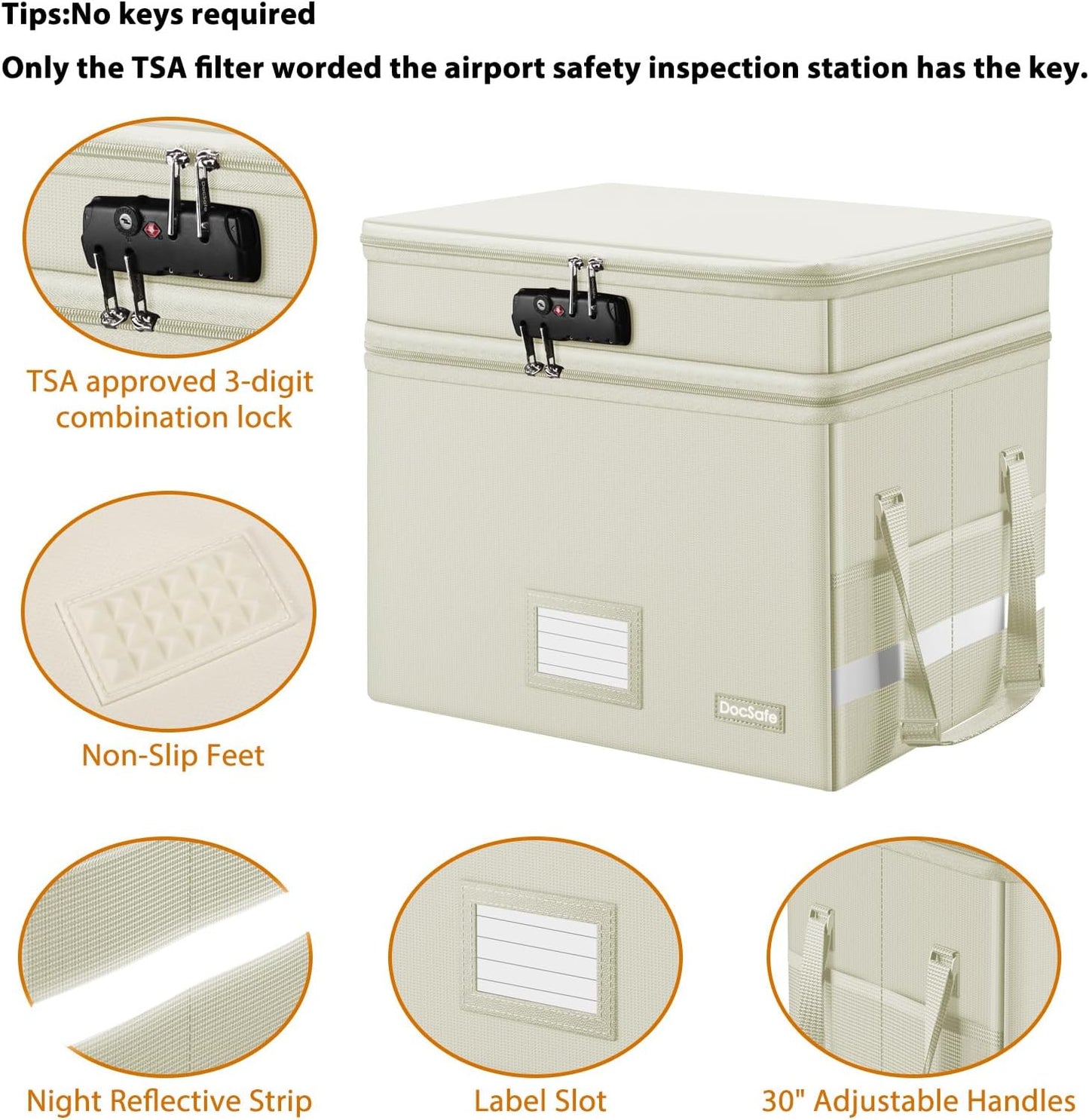 DocSafe File Box with Lock,Multi-Layer Fireproof Document Box Collapsible File Storage Organizer with Pockets/Handle,Large Portable Home Office Filing Box for Hanging Letter/Legal Size Folders,Beige