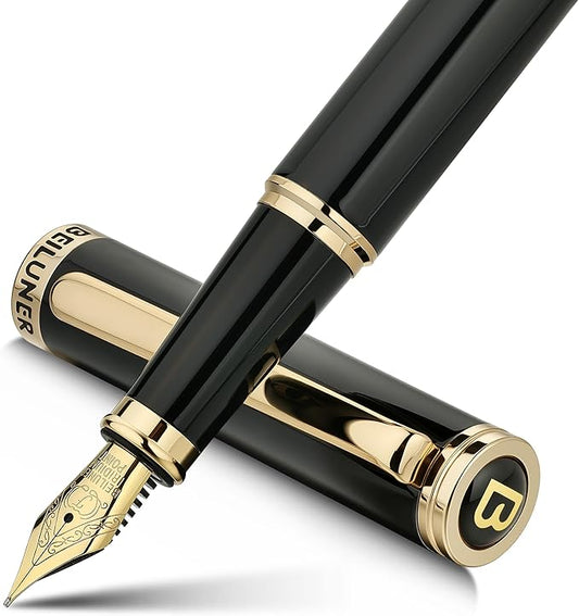 BEILUNER Black Fountain Pen,Stunning Luxury Piano Lacquer,24K Gilded Nib(Fine),Gorgeous 24K Gold Finish, Ink Converter,Trustworthy Gift for Men&Women-Elegant, Reliable,Executive,Nice Pens for Writing
