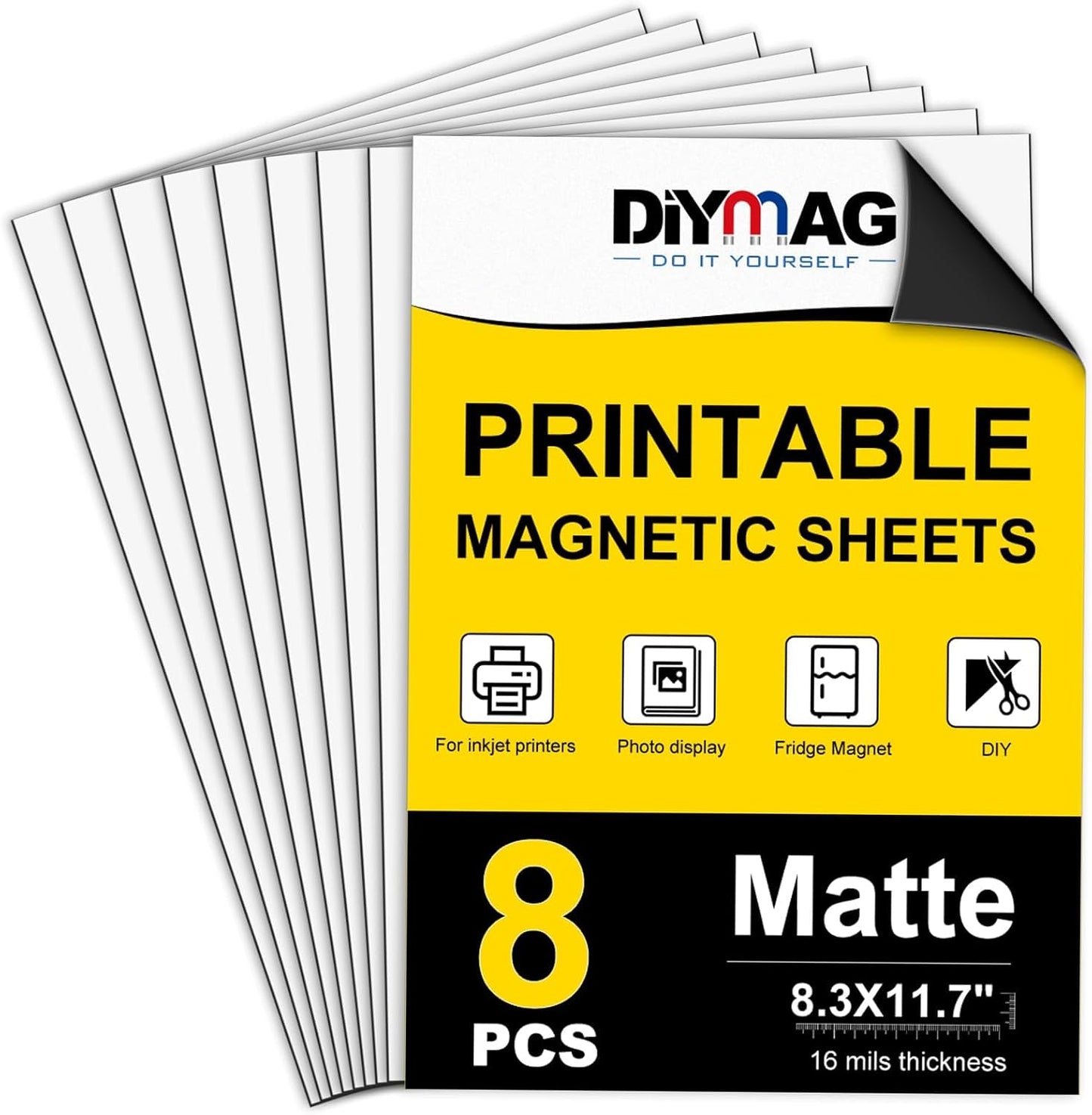 DIYMAG Printable Magnetic Sheets, 8.3" x 11.7" 8Pcs Flexible Magnet Sheet Matte Paper for Inkjet Printer, Photo Magnetics for DIY Crafts