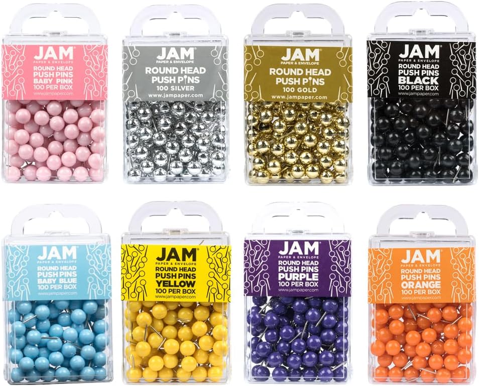 JAM PAPER Colorful Push Pins - Round Head Thumb Tacks - Assorted Color Pushpins - 8 Packs of 100