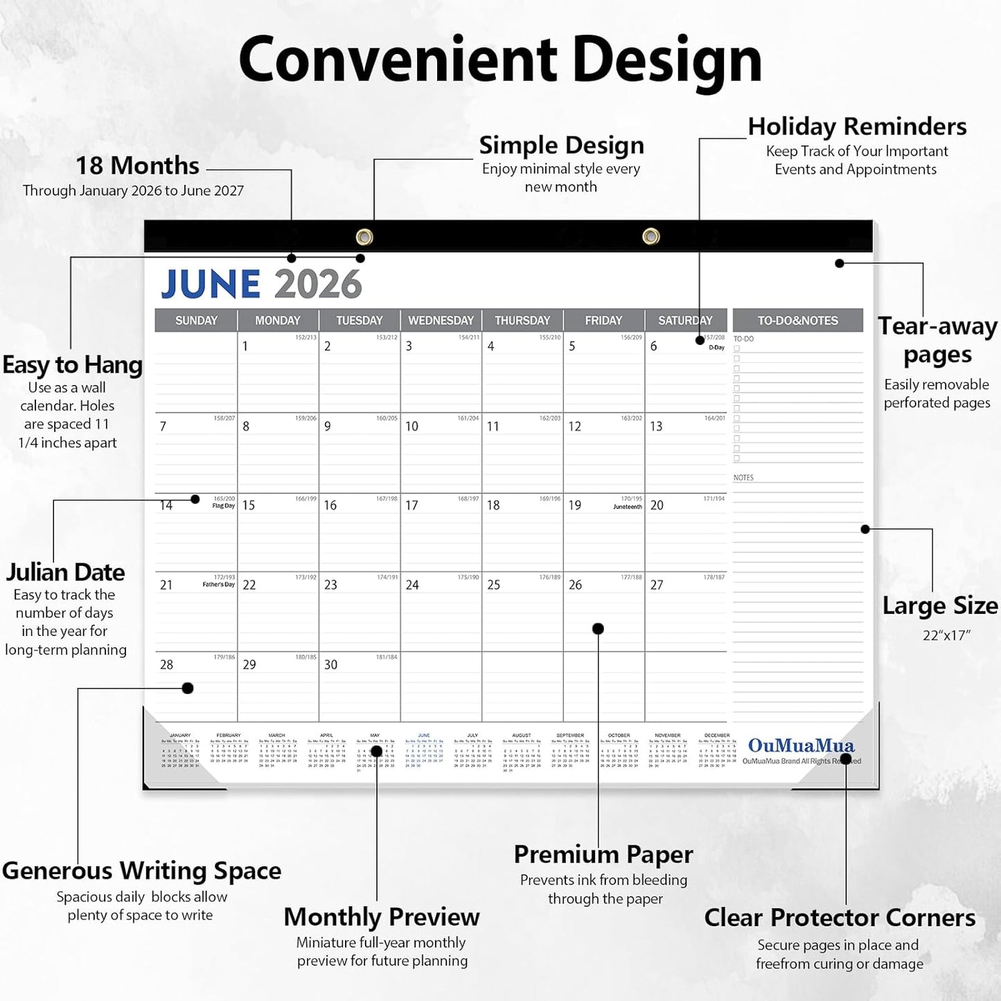 OuMuaMua Large Desk Calendar 2026-2027 - 18 Months from Jan. 2026 through Jun. 2027, 22 x 17 Inches Desktop Wall Calendar with Julian Date To-do & Notes, Corner Protectors for School Home Office