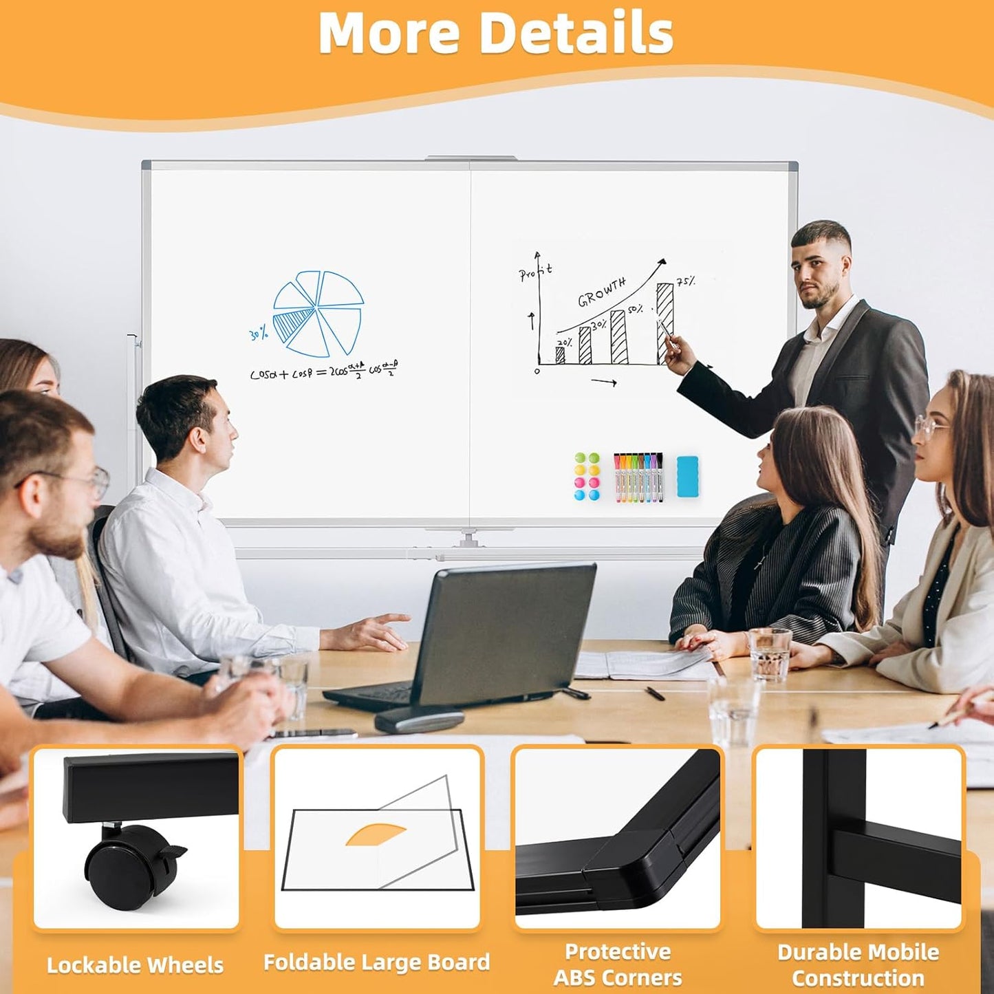 WALGLASS Rolling Dry Erase Whiteboard, 48"x36" Double-Sided White Board on Wheels, Large Portable White Board with Stand, Mobile Standing Whiteboards for Office, Home, School, Classroom 4x3 ft