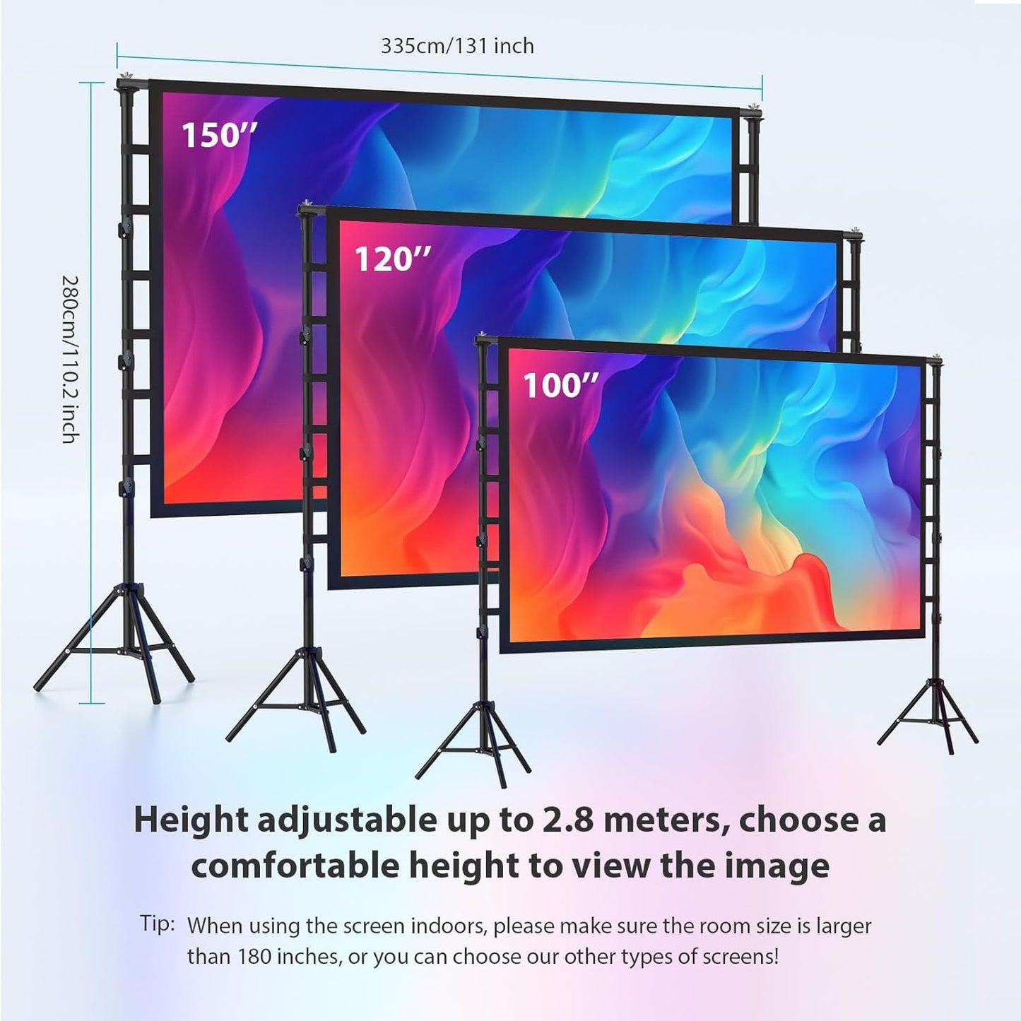 Outdoor Projector Screen with Stand: LEORFI 150 inch Projector Screen Portable, Indoor Projections Screen and Stand, Rear Front Movie Screen 16:9 4K Full HD,Support Height Adjustable for Home Theater