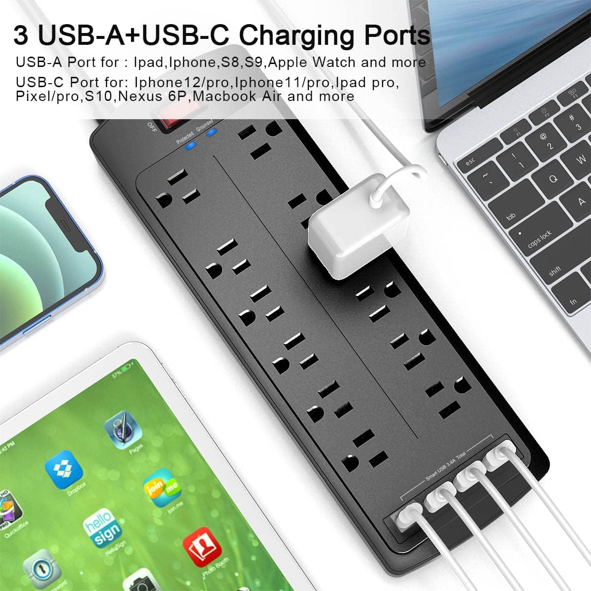 Power Strip, Nuetsa Surge Protector with 12 Outlets and 4 USB Ports, 6 Feet Flat Plug Extension Cord (1875W/15A) for for Home, Office, Dorm Essentials, 2700 Joules, ETL Listed (Black)