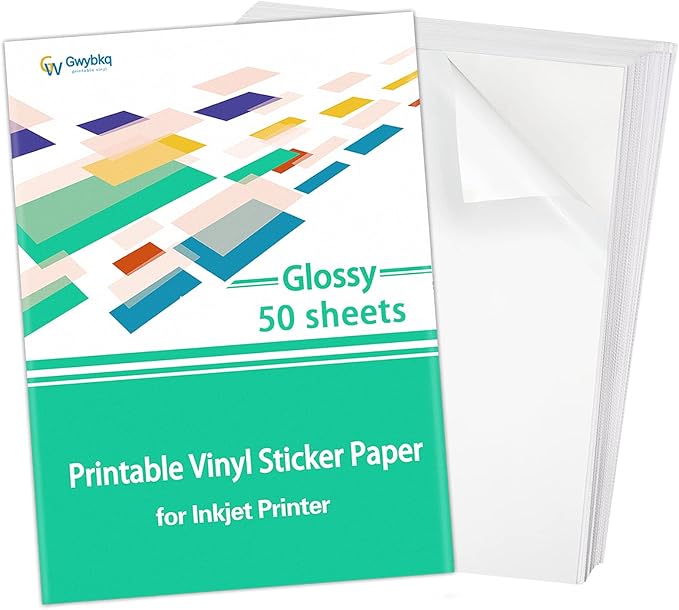 Gwybkq Sticker Paper Printable Vinyl for Inkjet Printer, 50 Sheets Glossy White Waterproof Labels