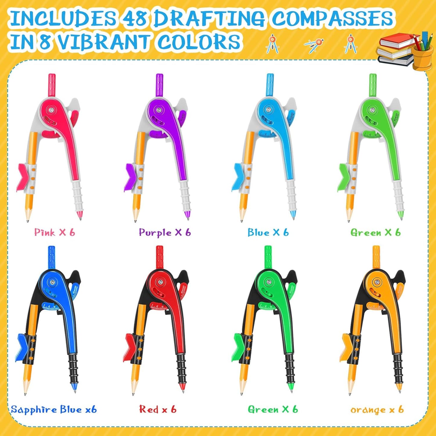 Zonon Student Math Geometry Compass Bulk 6 Inch Plastic Drawing Compass with Pencils Bright Color Precision Tool Back to School Supplies(48 Pcs)
