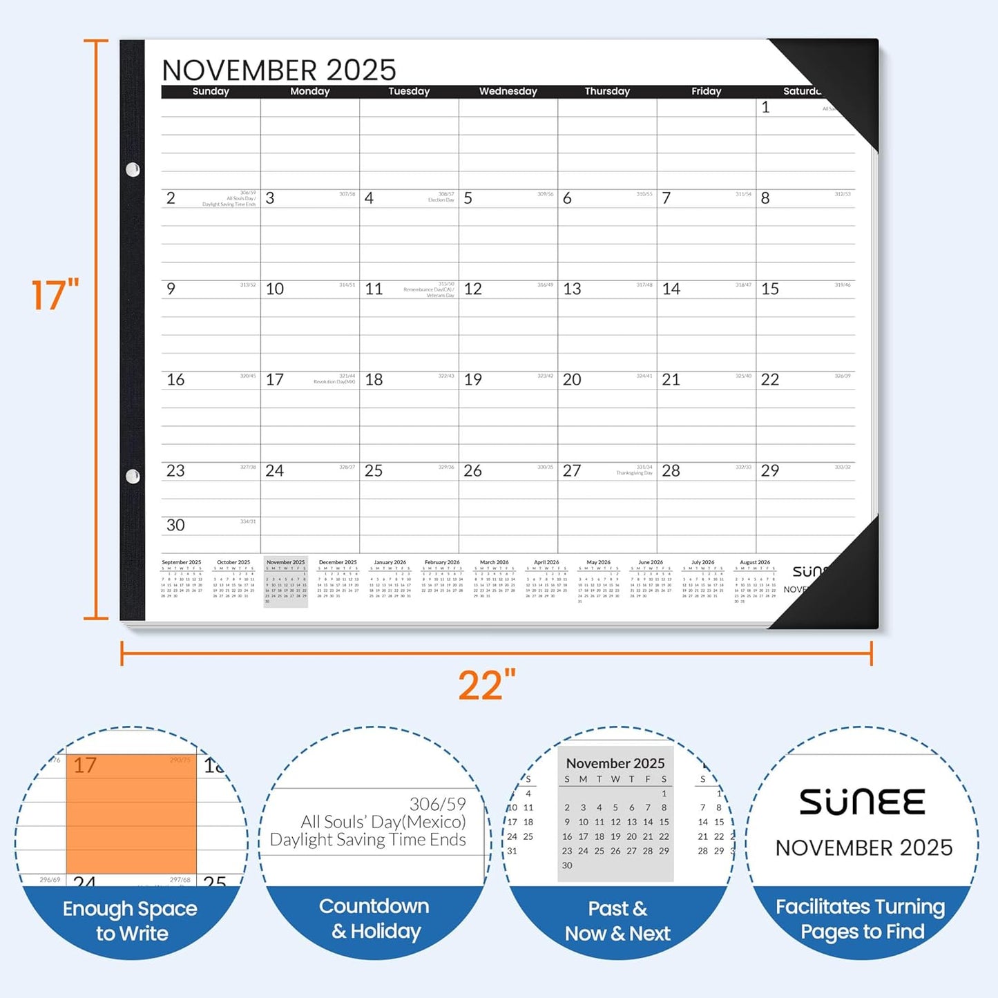 SUNEE Desk Calendar 2025-2026 Large 22x17 from October 2025 to March 2027, Extra Large Desktop Monthly Calendar Pad 18 Months For Teacher or Family, Desk Top, Black