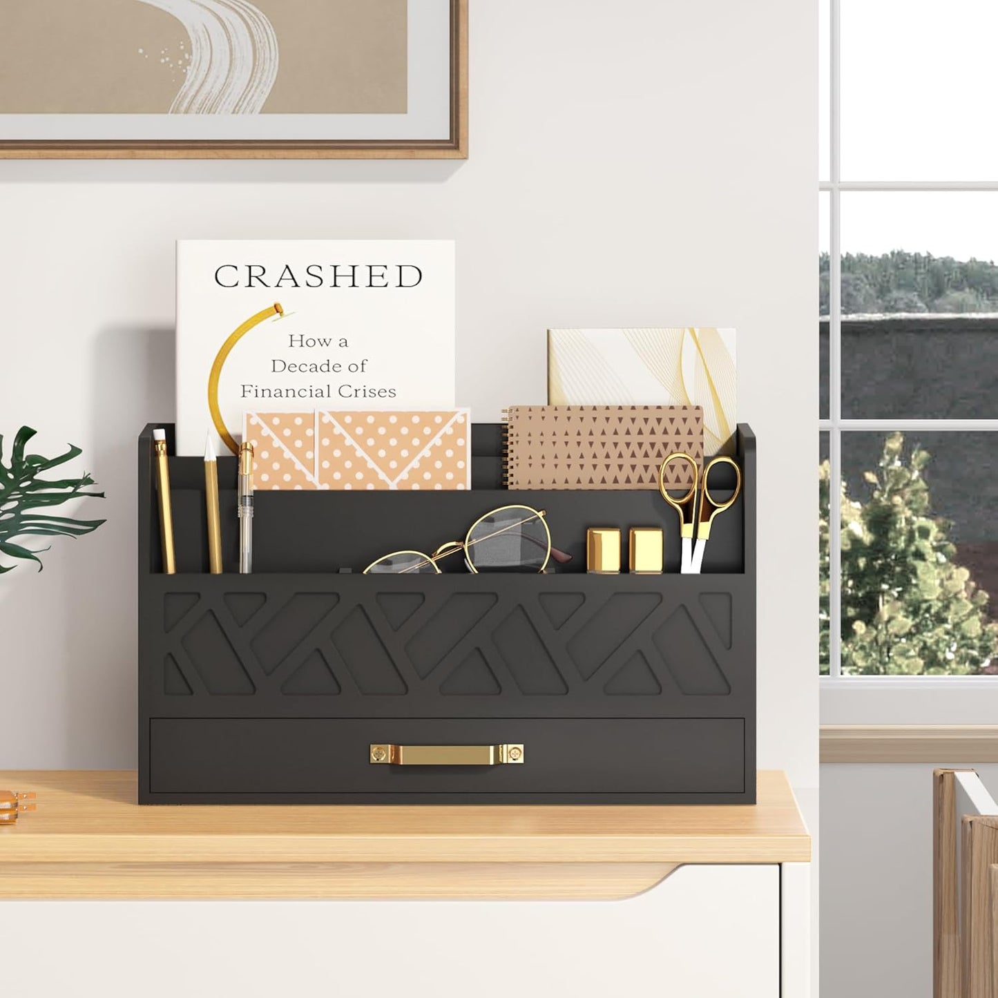 Bamboo Mail Organizer Countertop Wood Desk Organizer Drawer Tabletop Storage Box Letter Sorter Makeup Organizer for School Home Office Supplies Black