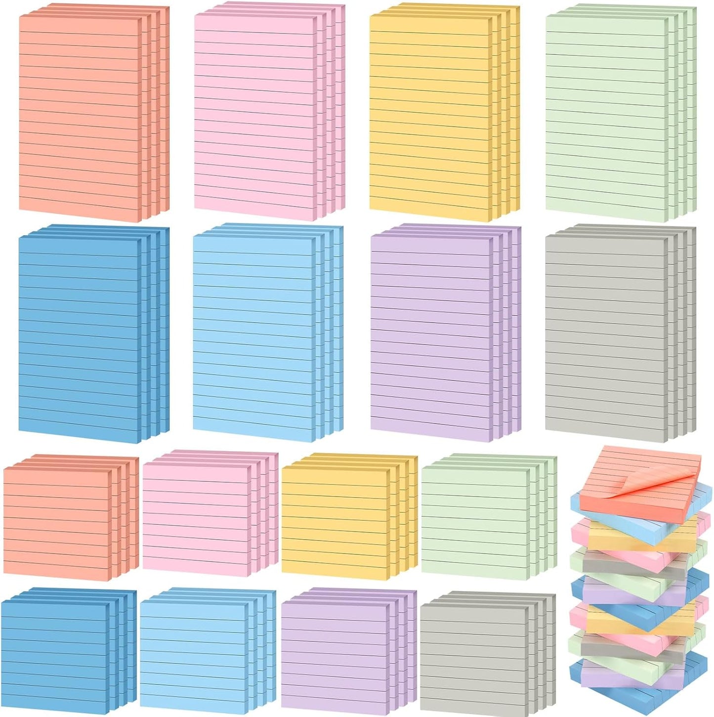 Yexiya 64 Pcs Lined Sticky Notes Self Stick Notes with Lines Bright Assorted Colors Sticky Pad for Home Office Products Post Memos, 1920 Sheets(4 x 6 Inch, 3 x 3 Inch,Fresh Color)