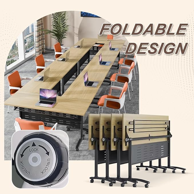Folding Conference Room Table, Modern Conference Tables with Wheels, Large Rectangular Mobile Training Tables for Office Classroom, Foldable Modular Boardroom Seminar Table Maple (8pack L63in)
