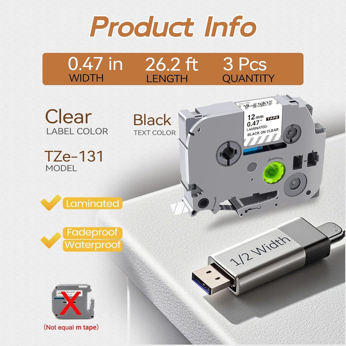 UNOKA Replace for Brother P-Touch Label Tape Clear 12mm 0.47 Laminated TZe-131, TZe TZ Label Maker Refills Black on Transparent for P Touch PT-D200G PT-D210 PT-D220 PT-2040, 1/2Inch x 26.2ft, 3PK