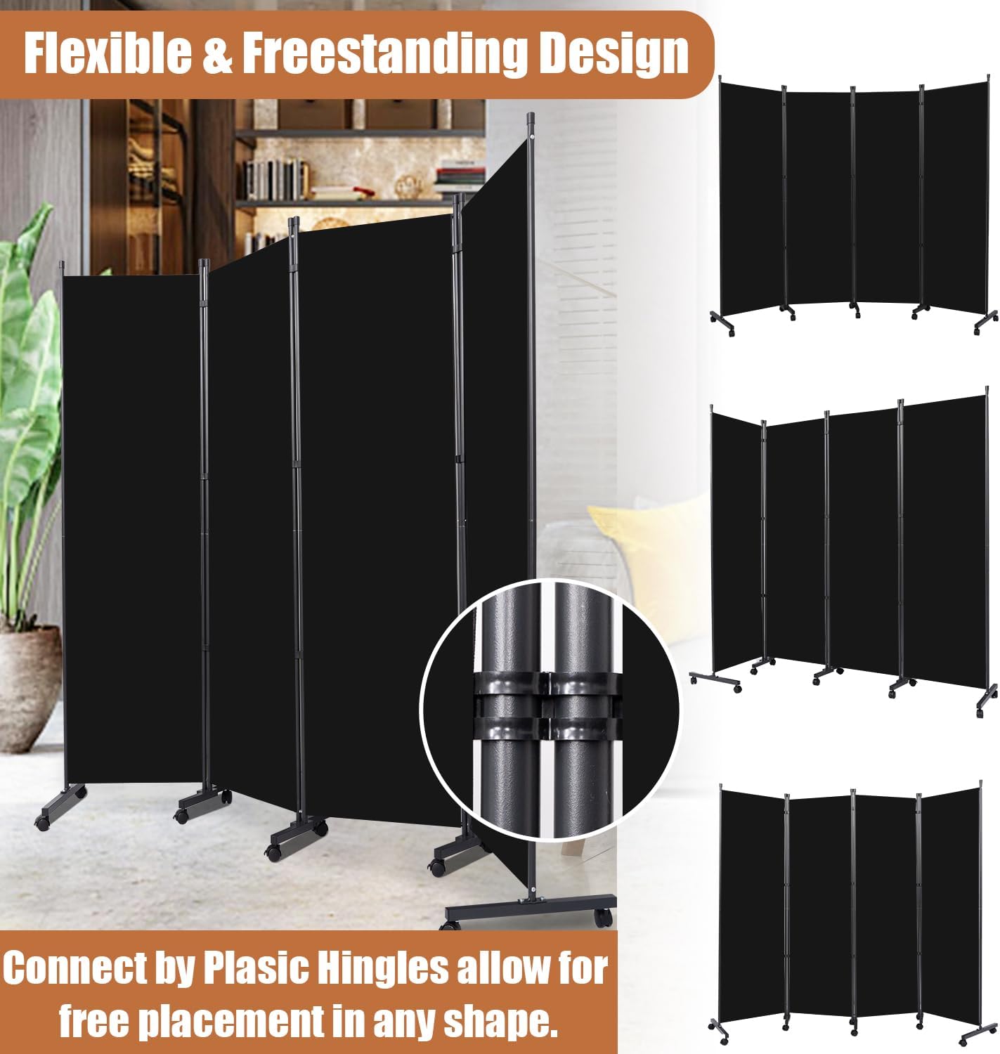 Room Divider Portable 88'' Partition Room Dividers and Folding Privacy Screens 4 Panel Wall Divider for Room Separation, Freestanding Fabric Room Divider Panel with Wheels for Home Office Hospital