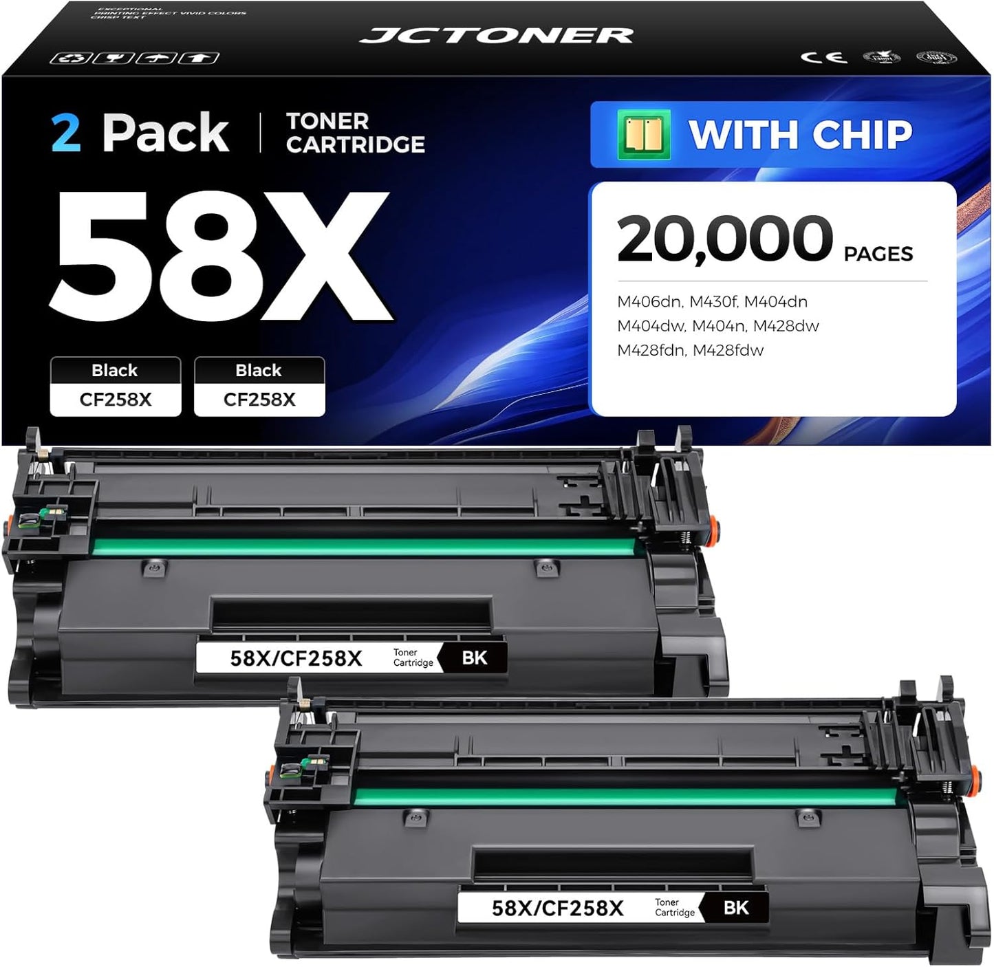 58X Black Toner Cartridge 2-Pack with chip High Yield Replacement for HP 58X CF258X Compatible with HP Laserjet Pro MFP M428dw M428fdn M428fdw M404dn M404dw M404n Enterprise M430f M406dn Printer Ink