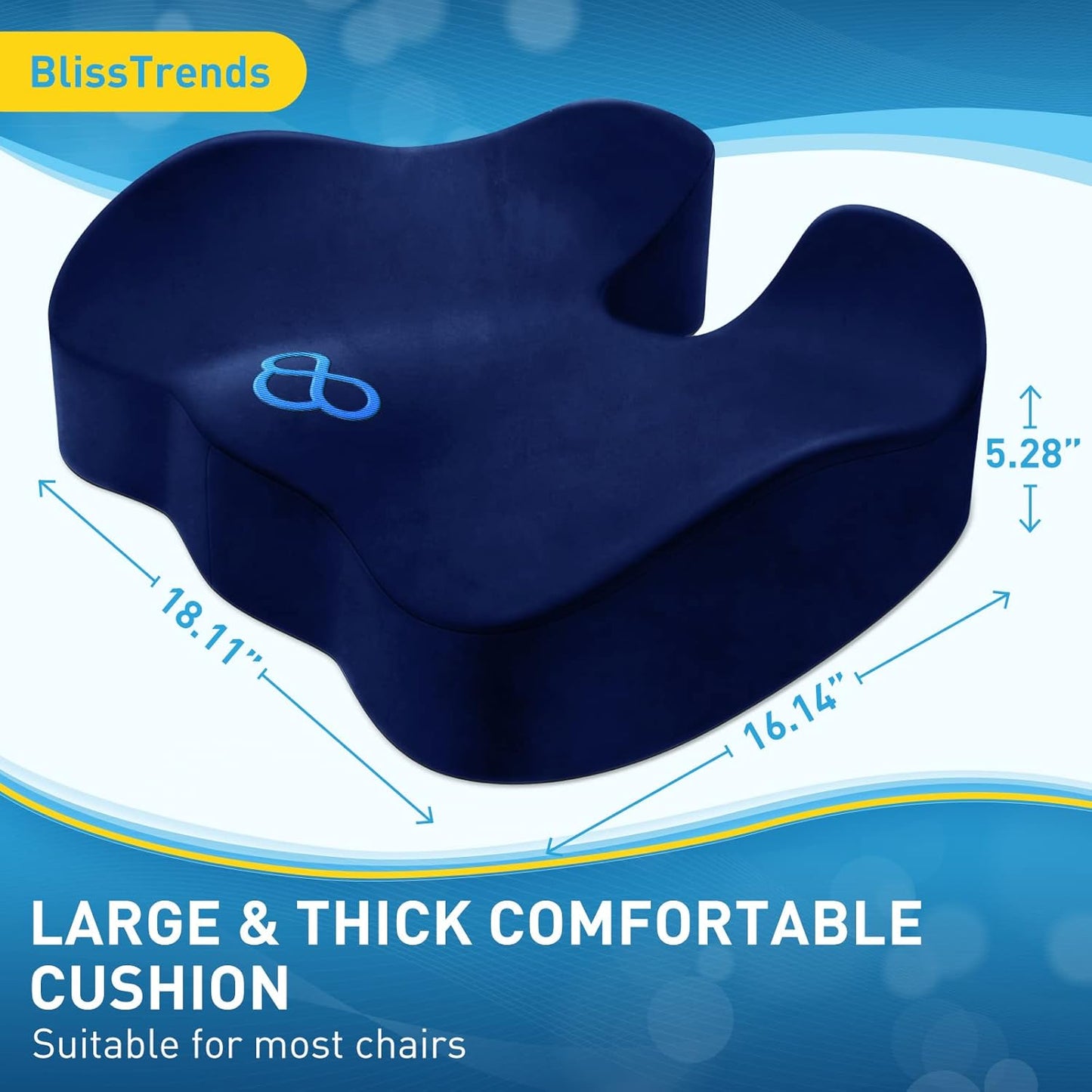 BlissTrends Seat Cushion,5.2in Thick Memory Foam Cushions for Office Chair, Car Seat, Airplane, Relieving Pressure Tailbone Sciatica Back Pain for Long Sitting Office Workers, Car Drivers Blue