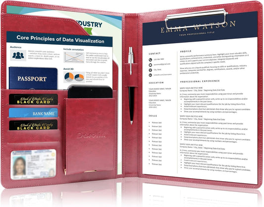 Darolin Business/Resume Padfolio Portfolio Folder with Letter/A4 Size Clipboard, Interview/Conference/Legal Document Organizer, Premium Portfolio Professional Case, Padfolio for Women/Men-Redwine