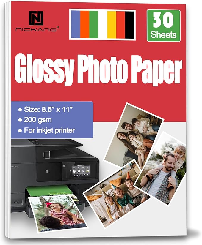 Glossy Photo Paper 8.5x11, 53 LB/200 gsm, 30 Sheets, Letter Size, Photo Paper for Inkjet Printer, Photo Printer Paper, Picture Paper
